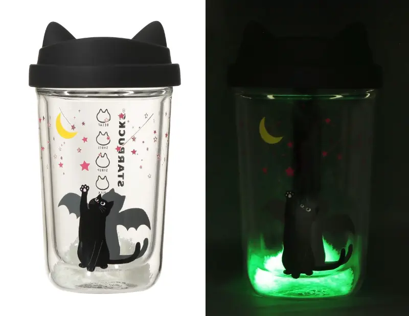 ハロウィン2026ダブルウォール耐熱グラスカップキャットグローインザダーク355ml