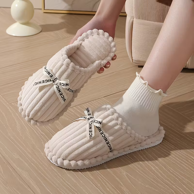 リボン付きコーデュロイルームスリッパ