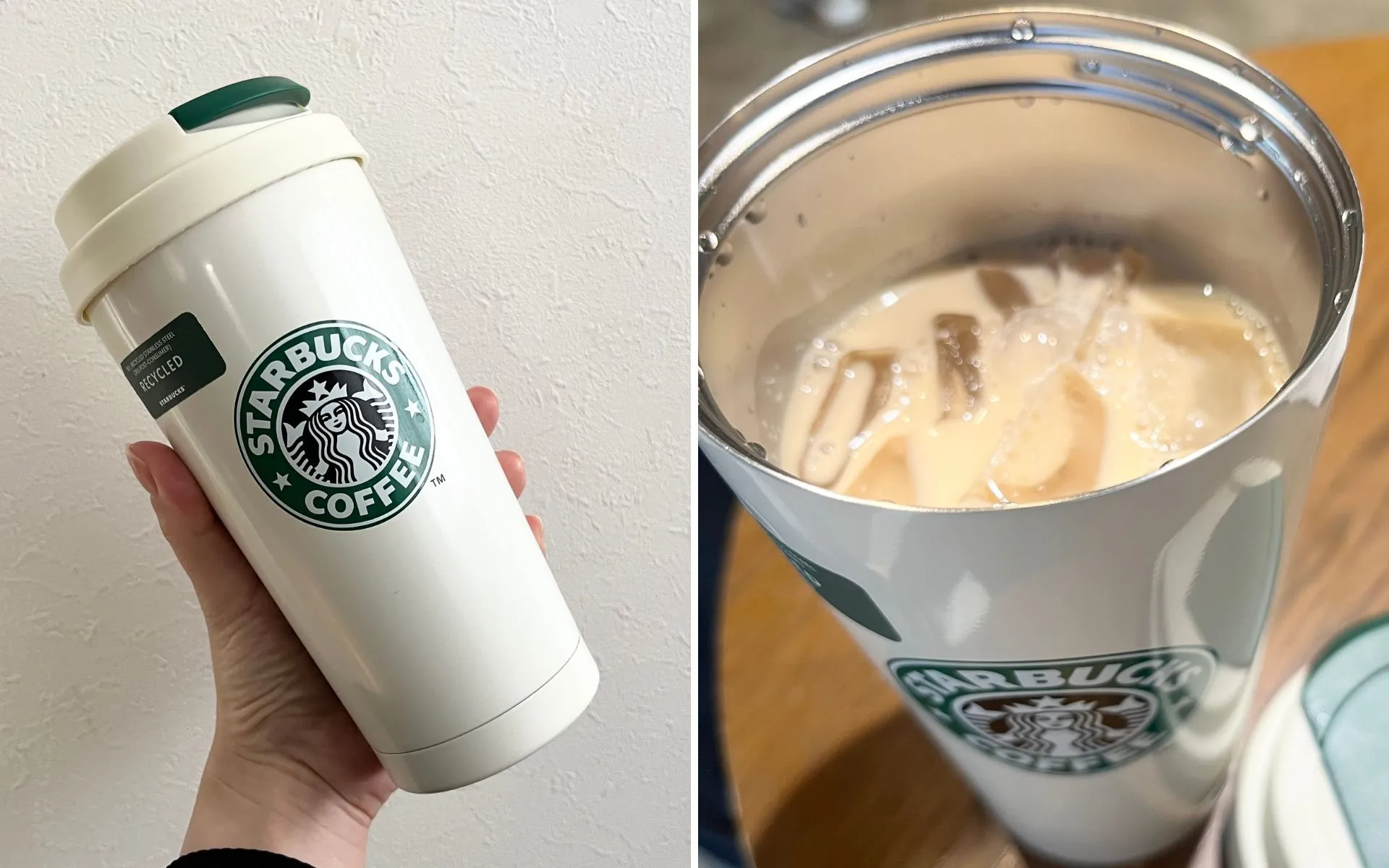 スターバックスの店舗で購入したタンブラーとコーヒーの画像
