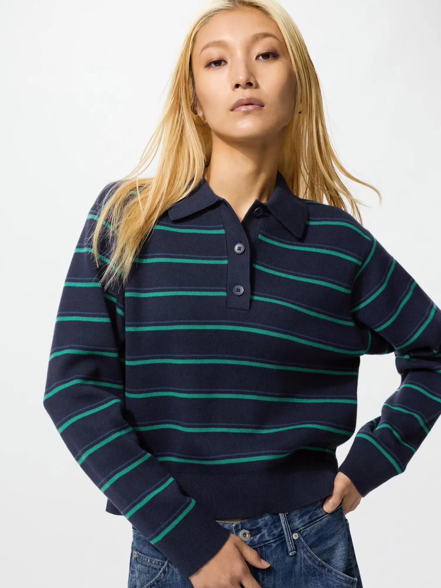 ユニクロスムースコットンポロセーターネイビー