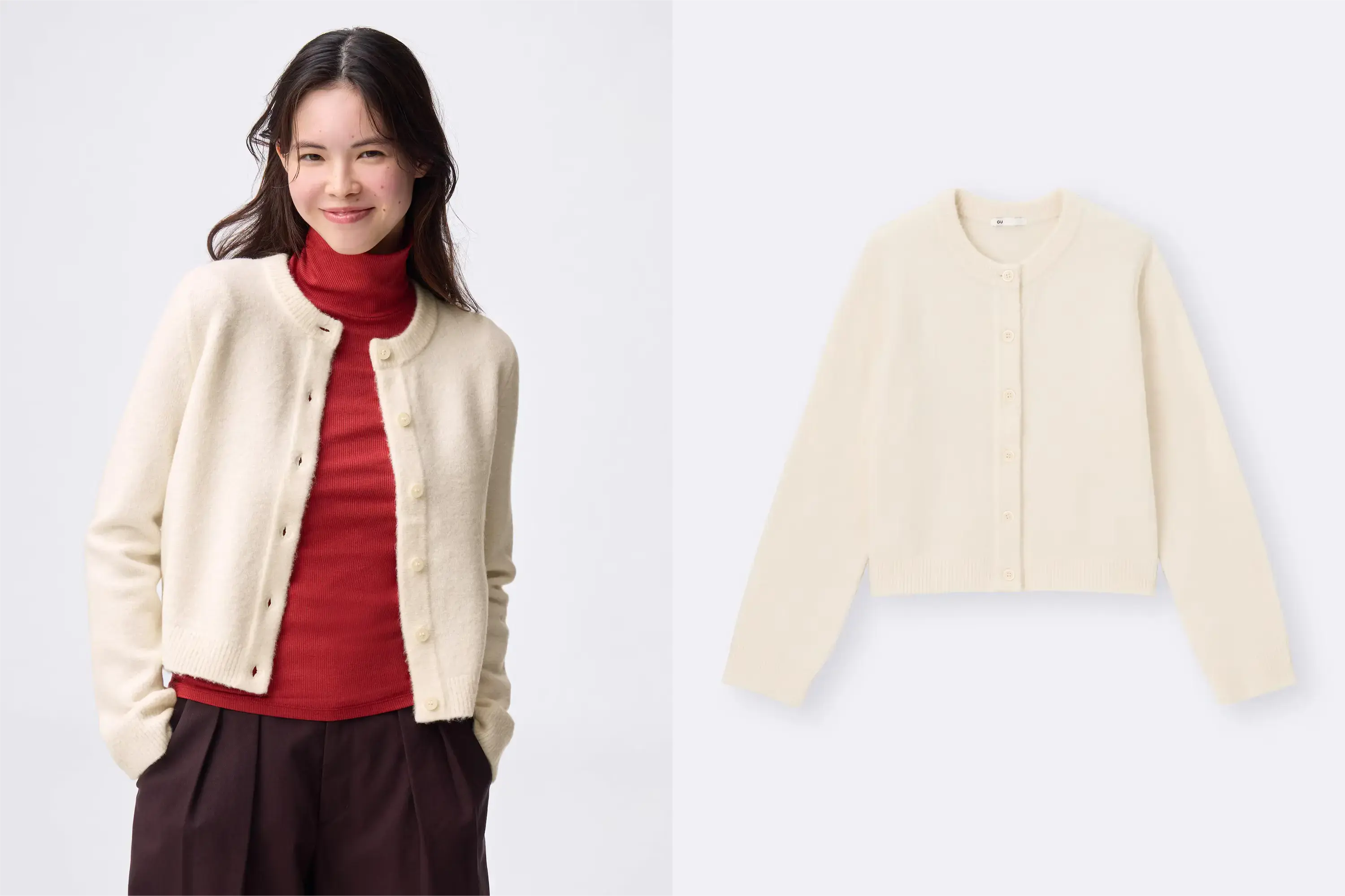 GUパフニットクルーネックカーディガンナチュラル