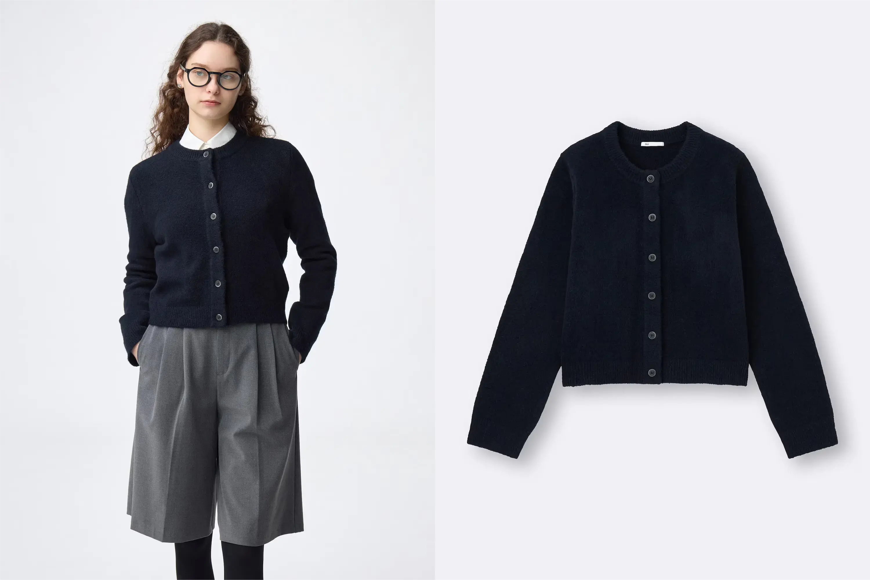 GUパフニットクルーネックカーディガンネイビー