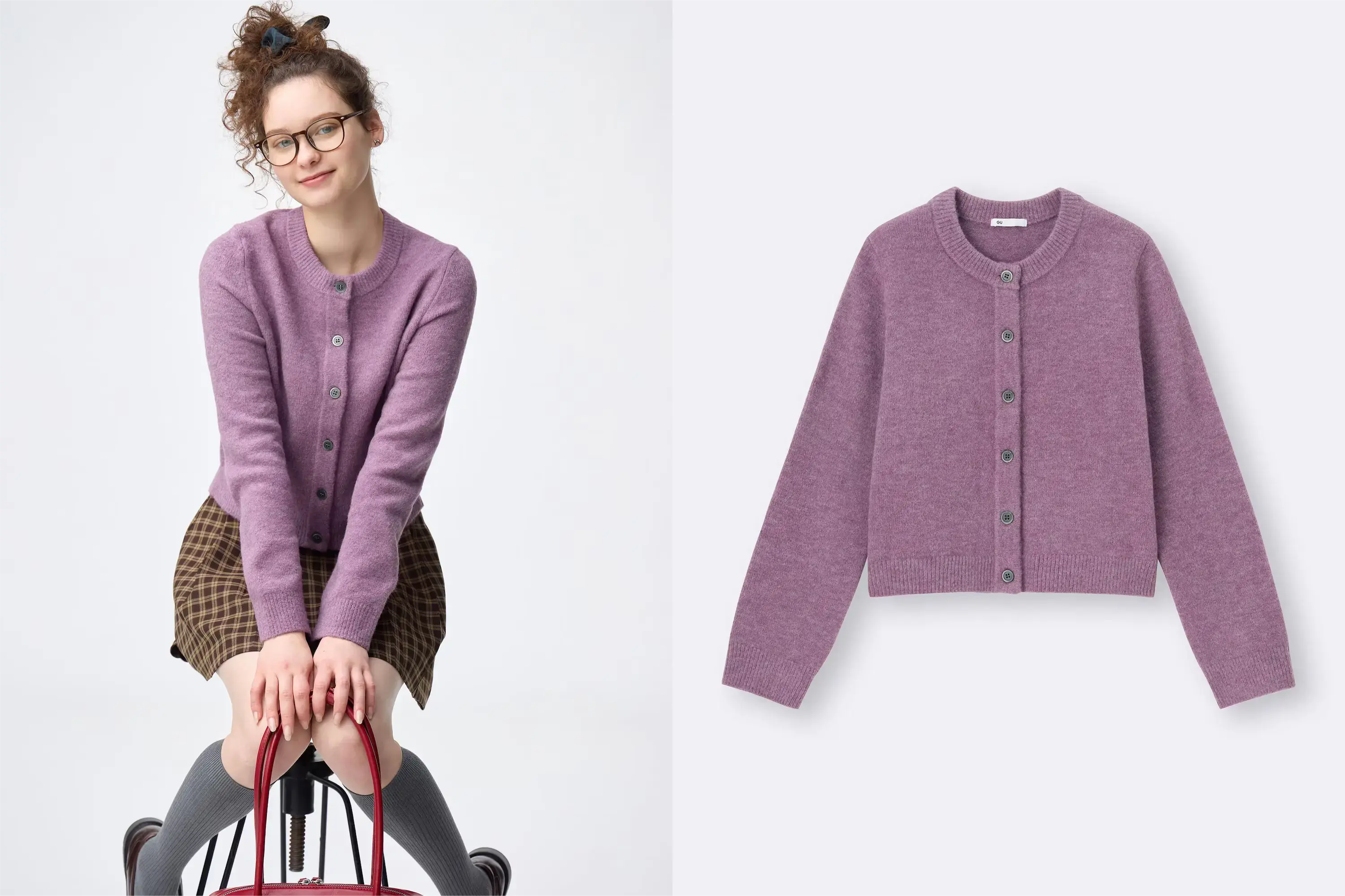 GUパフニットクルーネックカーディガンパープル