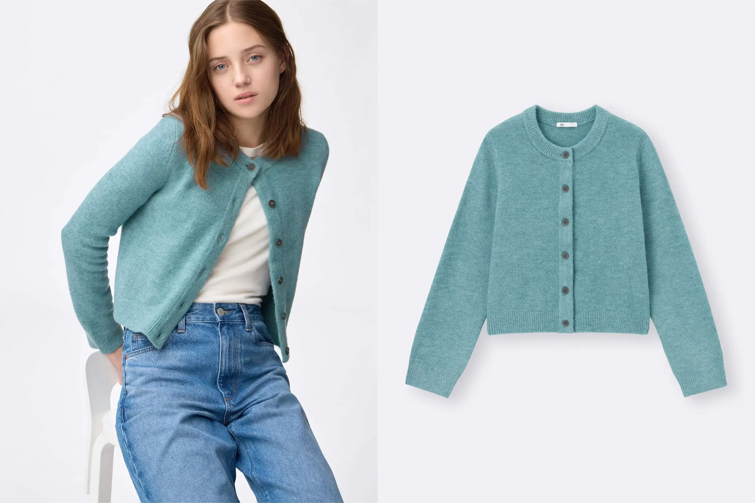 GUパフニットクルーネックカーディガンブルー