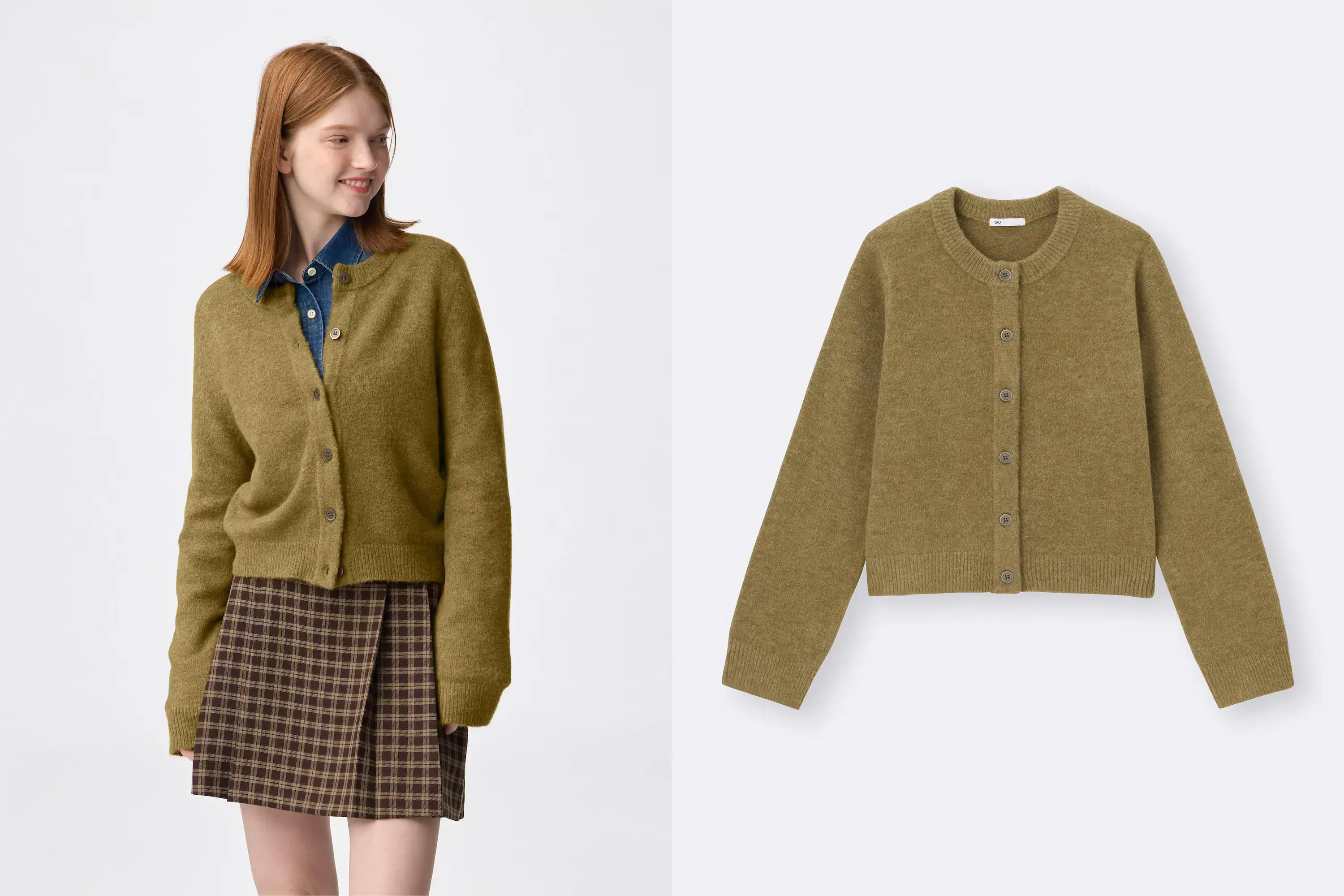 GUパフニットクルーネックカーディガンマスタード