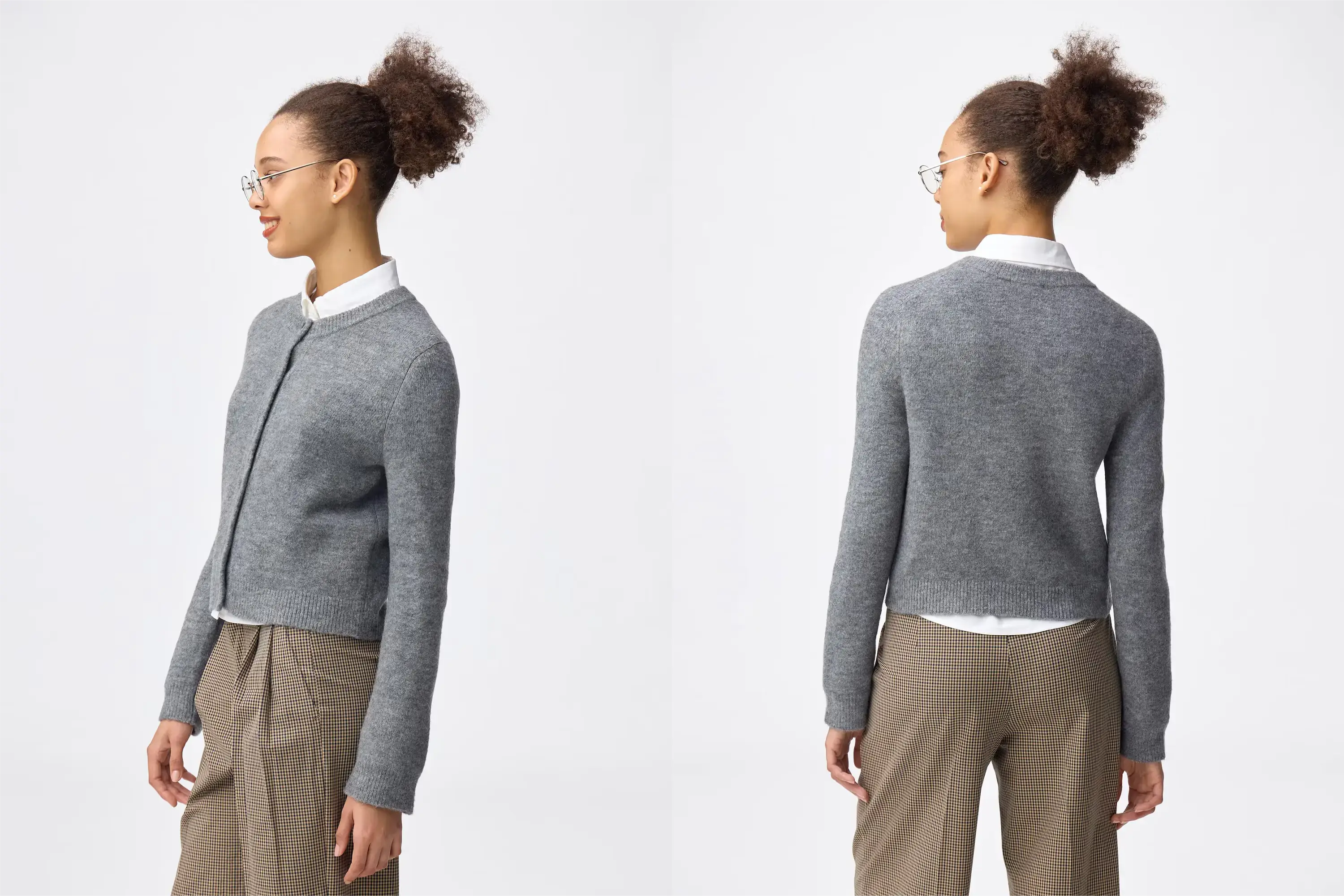 GUパフニットクルーネックカーディガングレー