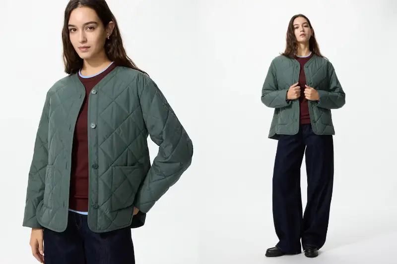 ユニクロパフテックノーカラージャケットオリーブ