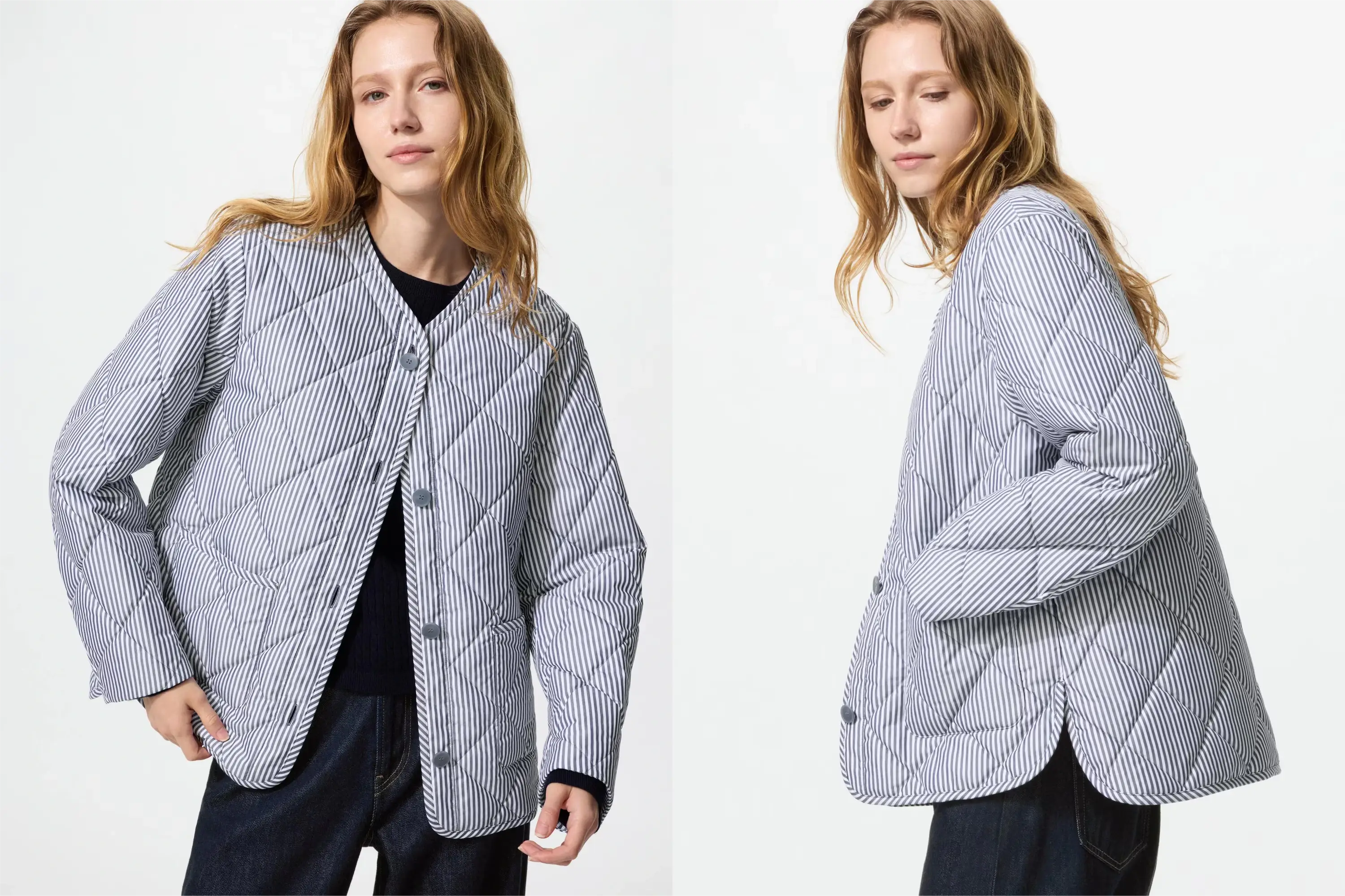 ユニクロパフテックノーカラージャケットブルー