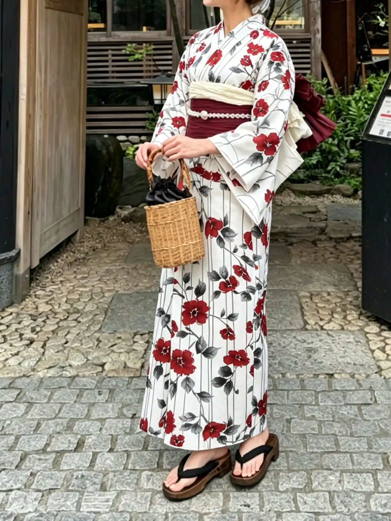 赤花柄ストライプ柄白地浴衣