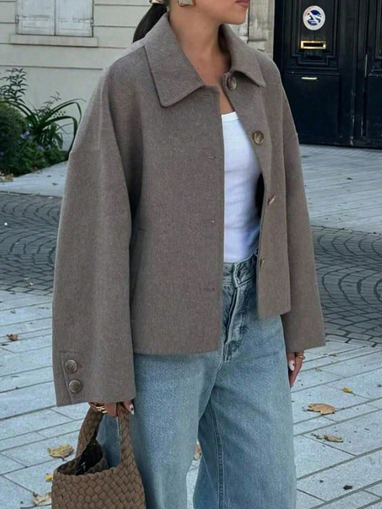 シングルブレストショート丈ルーズカラーウールコート