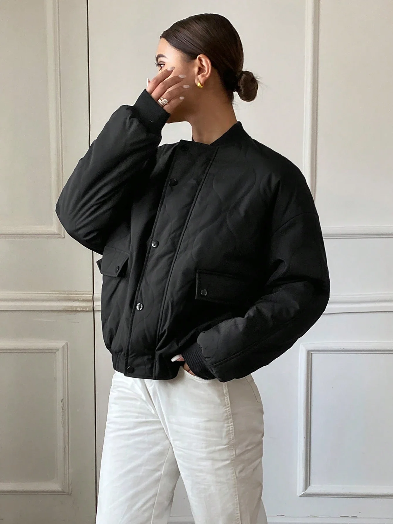 無地ドロップショルダー長袖ジップアップ