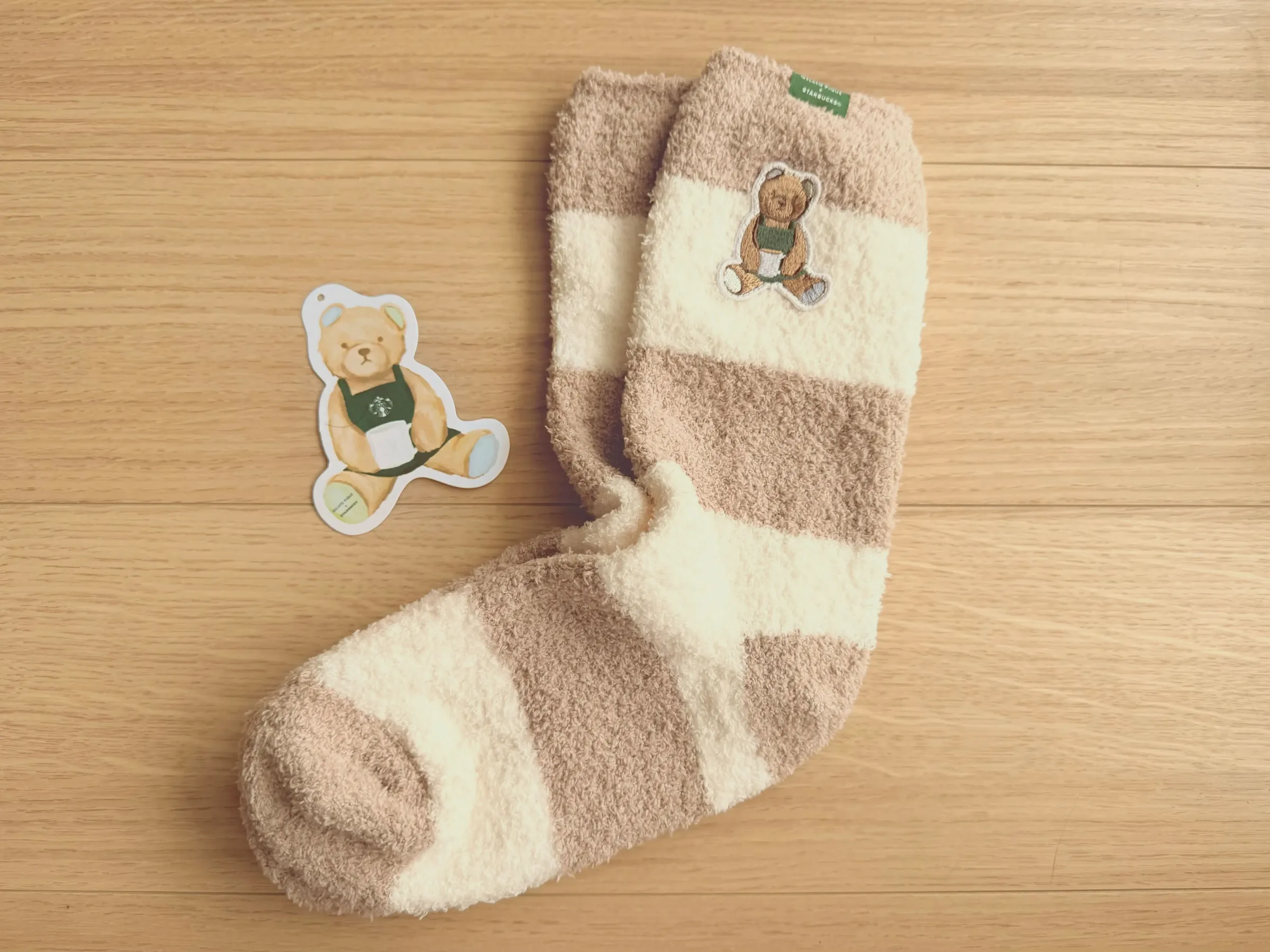 ジェラートピケパウダーベア刺繍ボーダーソックスモカベージュ