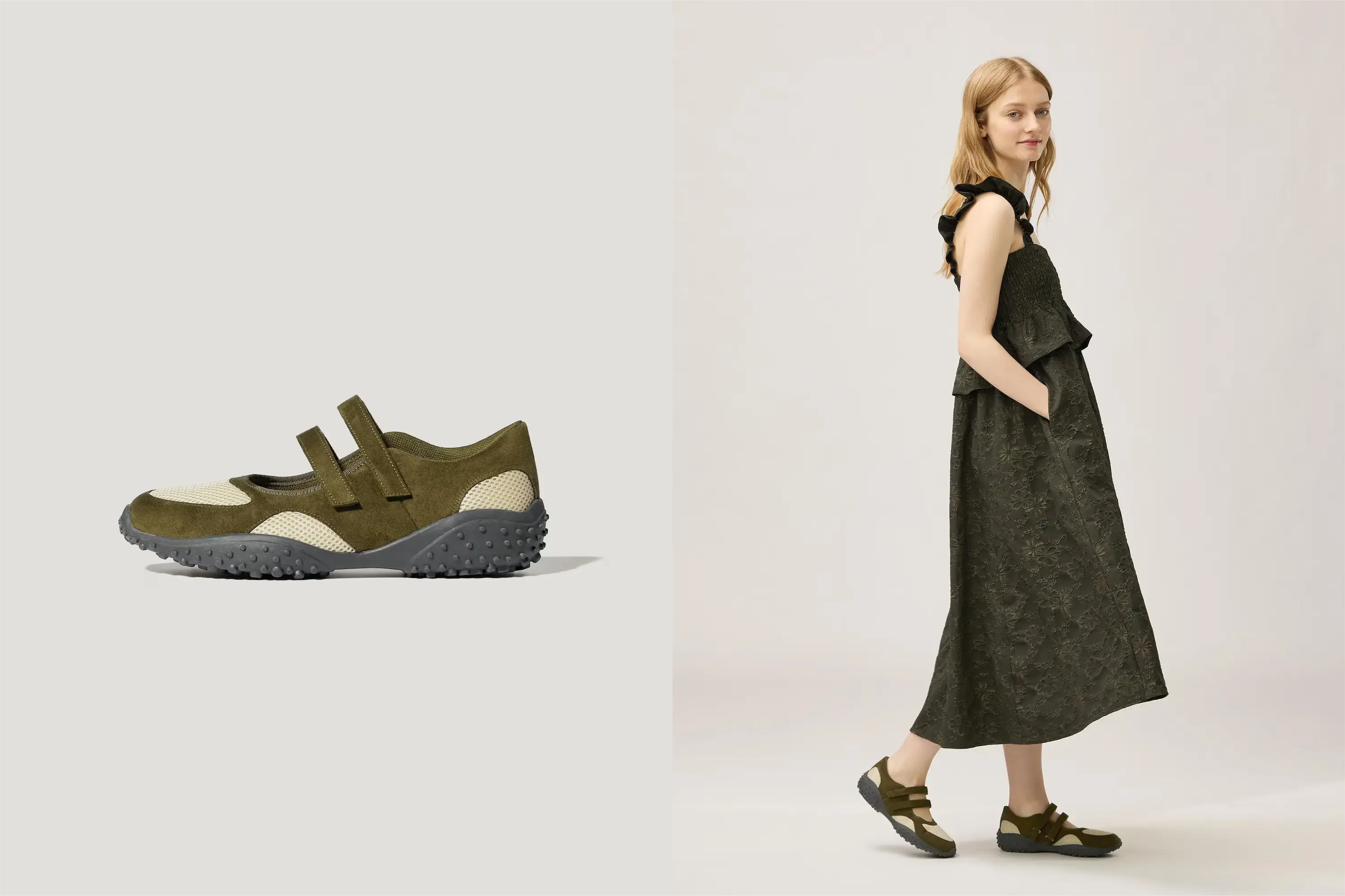 ダブルストラップバレエスニーカーオリーブ