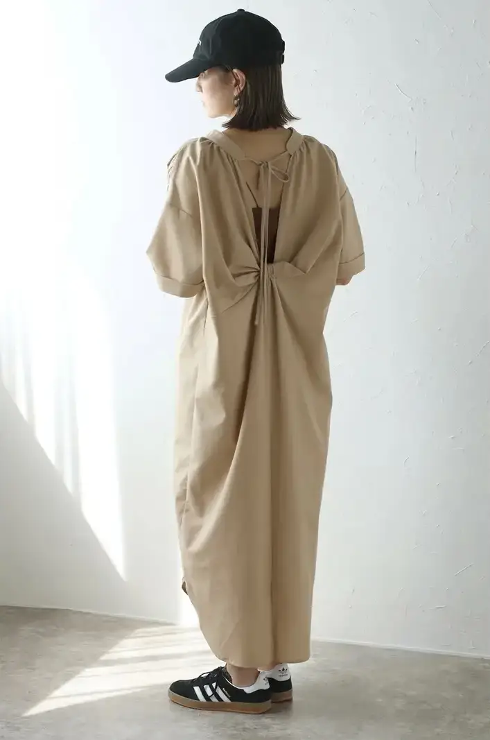 リボンバックVネックマキシシャツワンピース