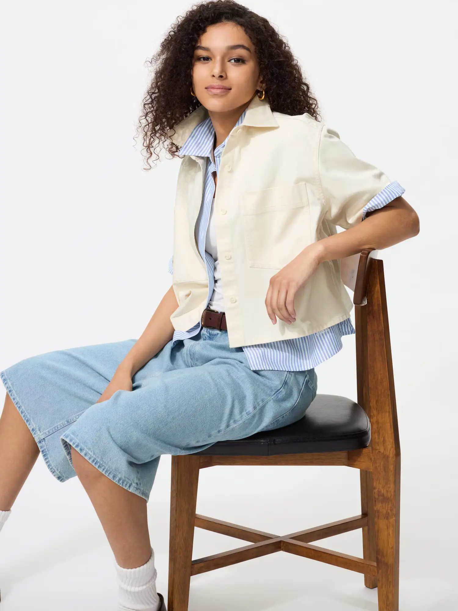 ユニクロデニムボクシーシャツ5分袖ナチュラル