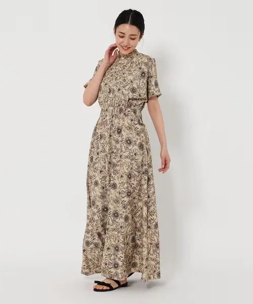 BEAUTY&YOUTHフラワープリントスタンドカラーワンピースウォッシャブル