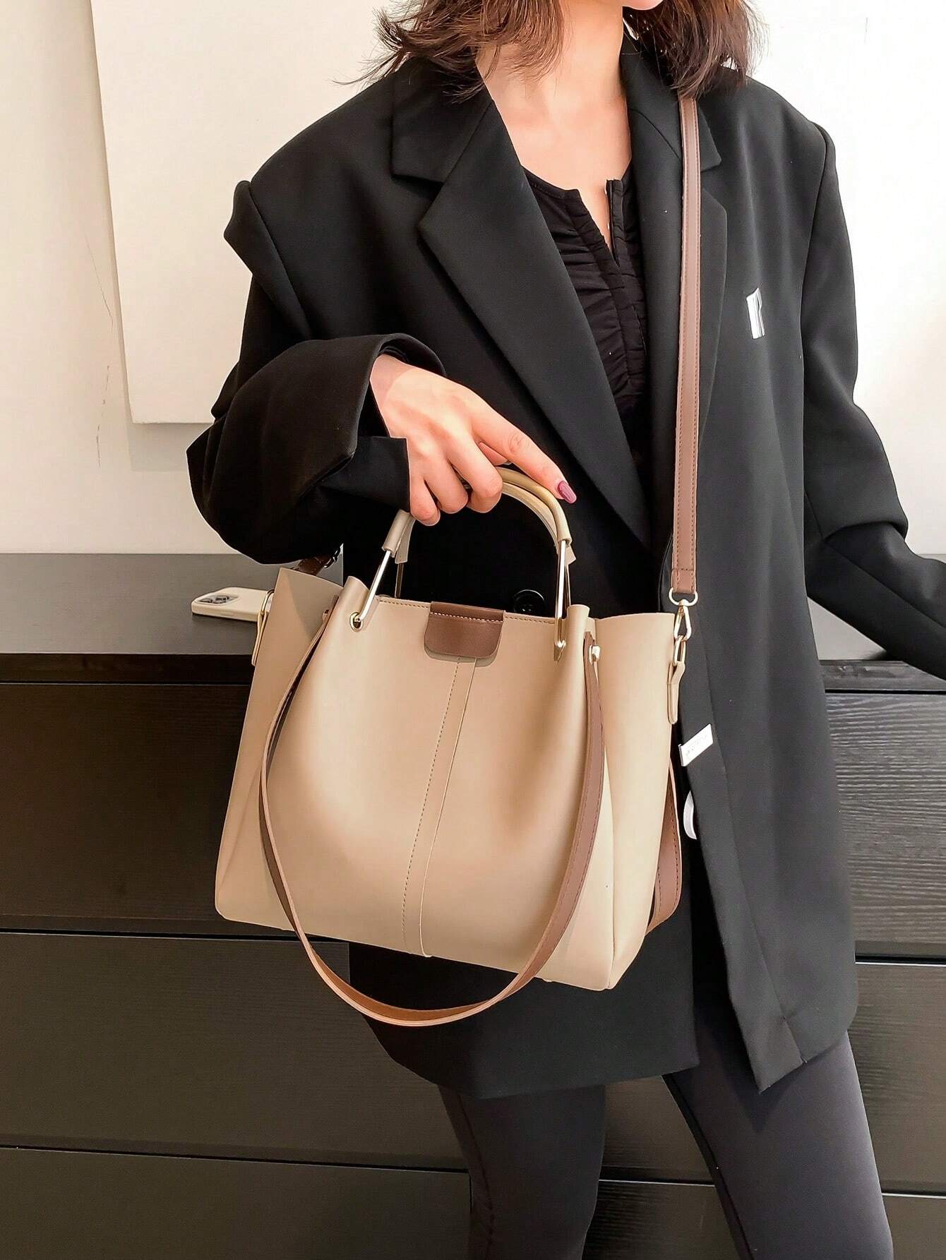 無地カラーレディーストートショルダーバッグ